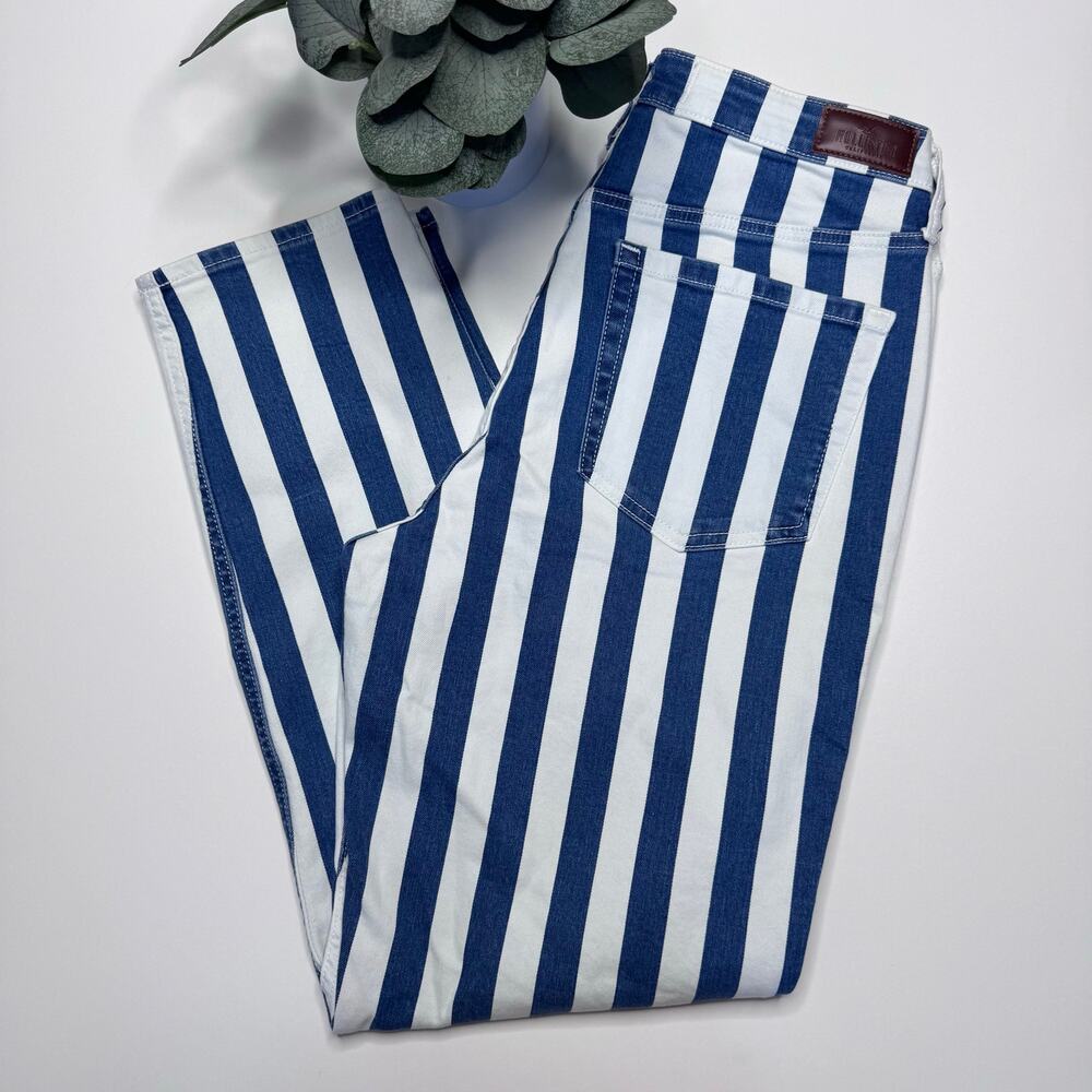 Hollister | White & Blue Stripe Ultra High-Rise Mom Jeans